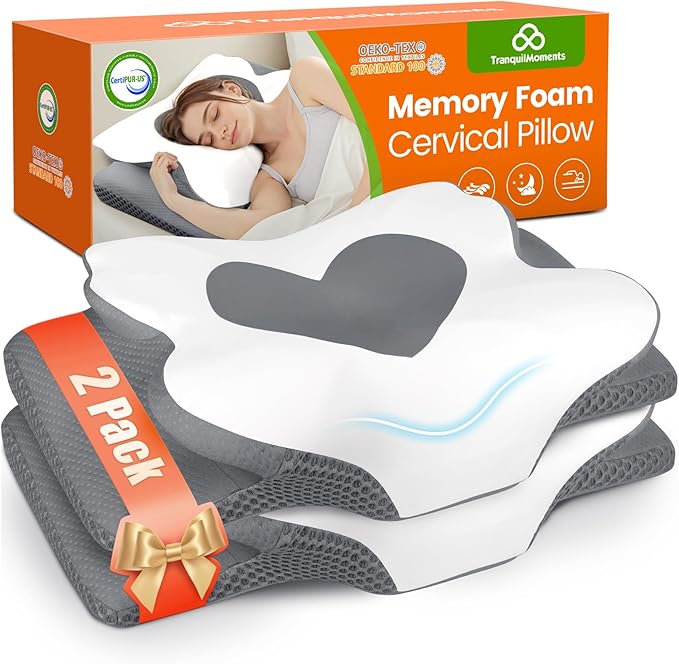 Cervical Neck Pillow for Sleeping, Memory Foam Pillow for Neck Support, Set of 2, Ergonomic Pillow for Pain Relief, Contour Bed Pillow for Side Back Stomach Sleepers, Grey, King Size