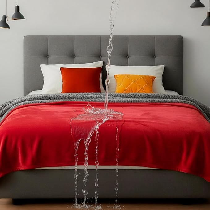 King Size Waterproof Blanket for Bed Couch, 82'' x 82'' Double Side Leakproof Reversible Sherpa Flannel Fleece 3-Layer Lightweight Blanket, Absorbs 80oz(Red/Gray), Machine Washable