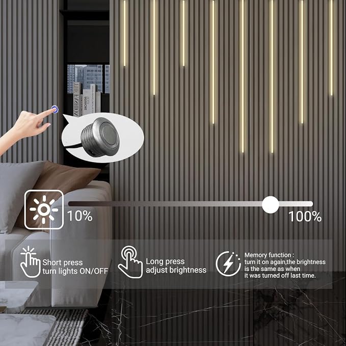 HAMRVL Black LED Recessed Lighting Kit - 8 PCS 3000K Warm White LED Strip Lights with Touch Control, Dimmable Self-Adhesive Wall Panel Lights for Wood Slat Wall Panels, Under Cabinet (Milky Cover)