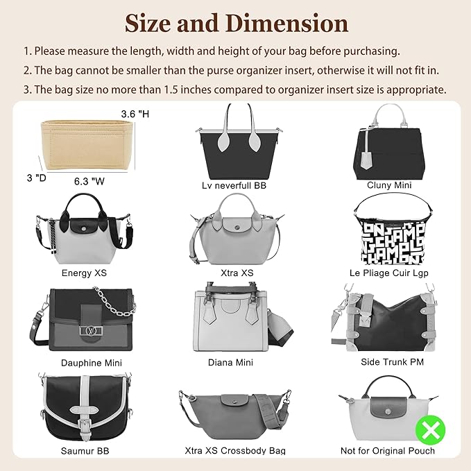 Doxo Purse Organizer Insert for Longchamp Mini/XS Handbags and Lv Neverfull BB (XS/BB,Beige)