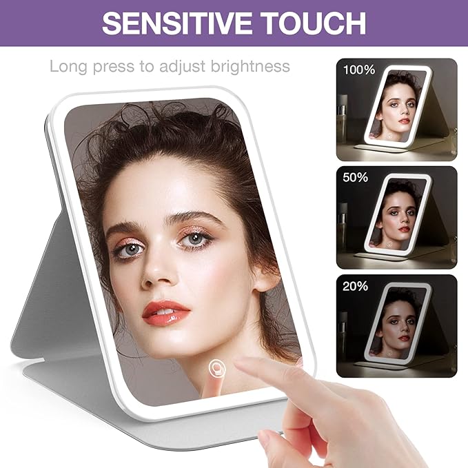 Kintion Travel Makeup Mirror, Portable LED Lighted Makeup Mirror, 360° Rotation Touch Screen Vanity Mirror, 60 LEDs, 3-Color Dimmable Lighting, Rechargeable Tabletop Folding Cosmetic Mirror, Black