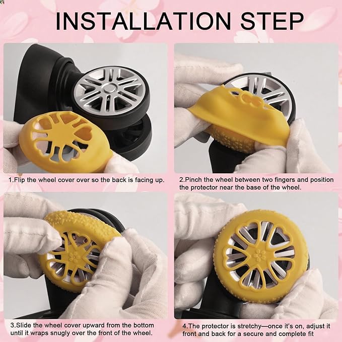 Luggage Wheel Protector, 8PCS Sakura Love Design - Premium Silicone Protectors for 2-2.4" Spinner Wheels Anti-Slip, Ultra-Quiet & Wear-Resistant Travel Accessories (Yellow)