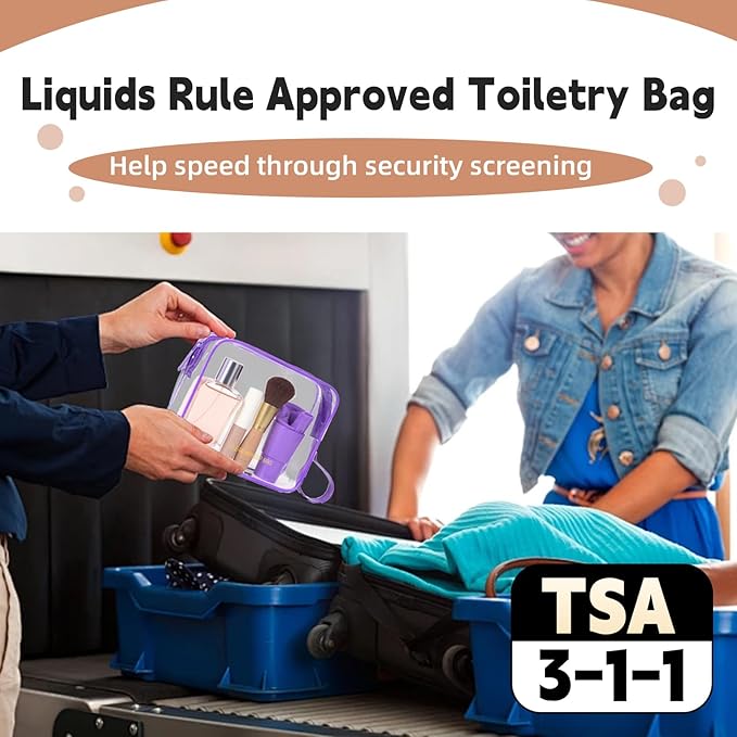 Clear Makeup Bag,2 Pack TSA Approved Toiletry Bag Travel Toiletry Bag Hanging Makeup Cosmetic bag for Women Men (Purple)