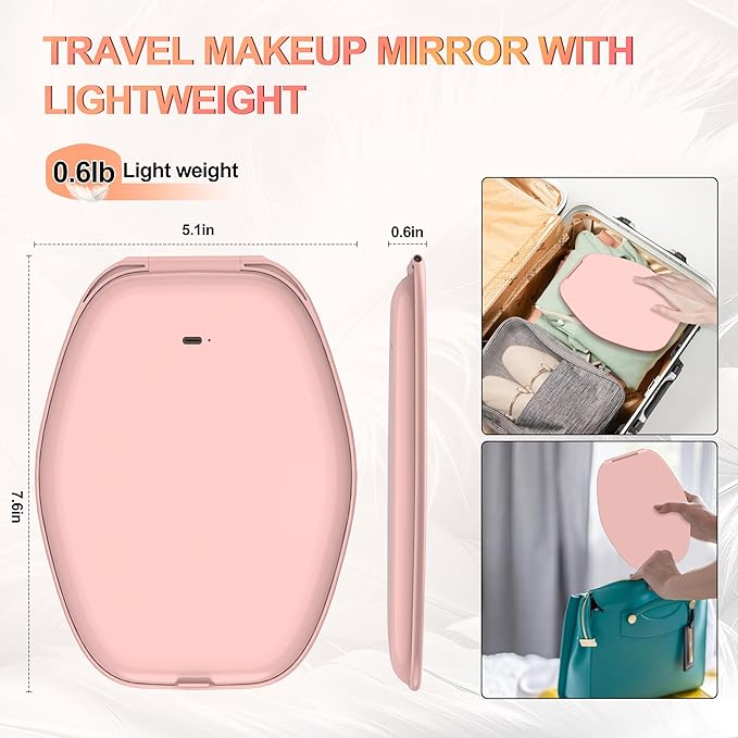 COSYGLOW Travel Makeup Mirror with Light: 3 Color Lighting Portable Mirror with Touch Screen Rechargeable Adjustable LED Lights Hexagon Vanity Mirror for Travel, Desk, Home (Pink)