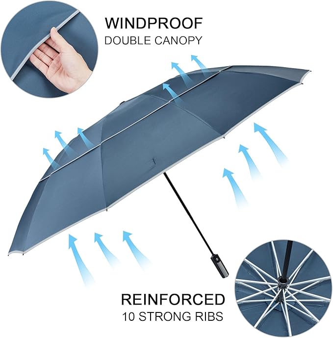 G4Free 54/62 Inch Windproof Inverted Umbrella with Reflective Stripe Large Compact Reverse Golf Umbrella for Rain 10 Ribs Double Canopy Travel Umbrella Automatic Open Close
