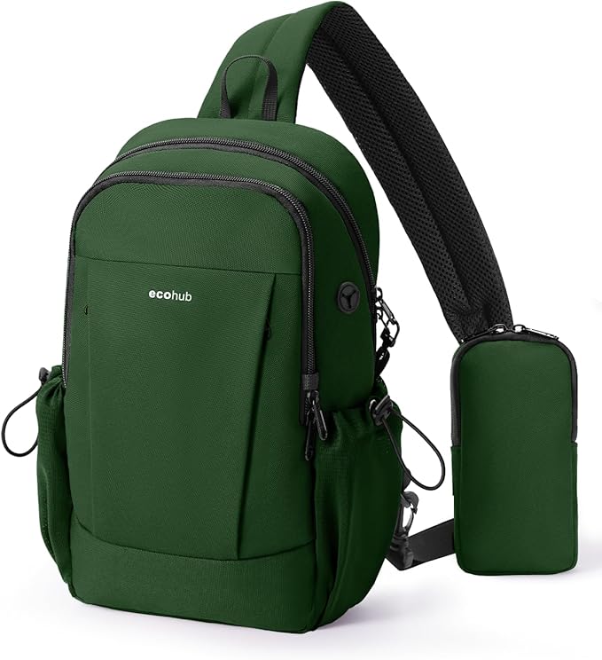 ECOHUB Anti-Theft Crossbody Bag Men Women, RFID Blocking Lightweight Sling Backpack Eco-Friendly with 9 Pockets Sturdy SBS Zippers Water Resistant for Travel Work Hiking Outdoor, Army Green