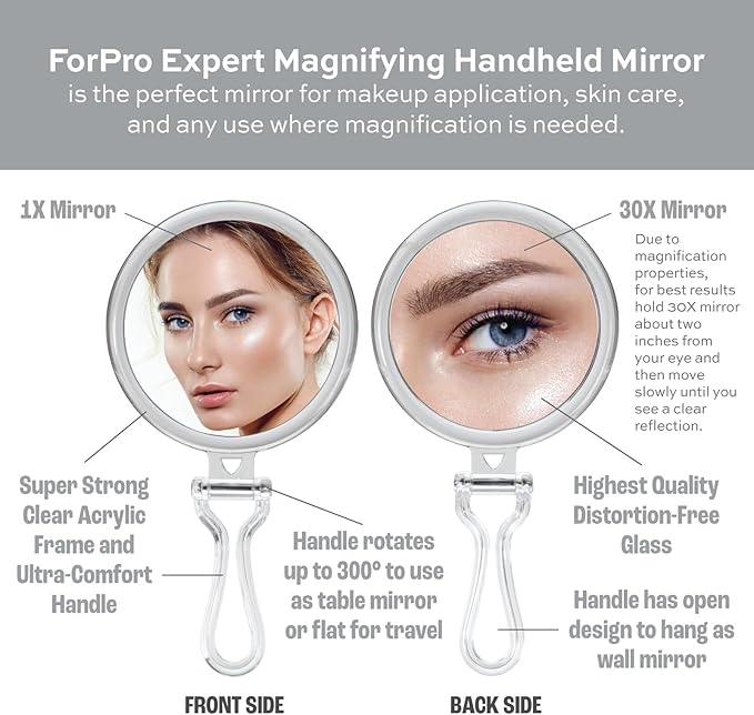 ForPro Professional Collection Expert 30X Magnifying Handheld Mirror, Double-Sided Hand Mirror with Folding Adjustable Handle for Makeup, Travel, Clear