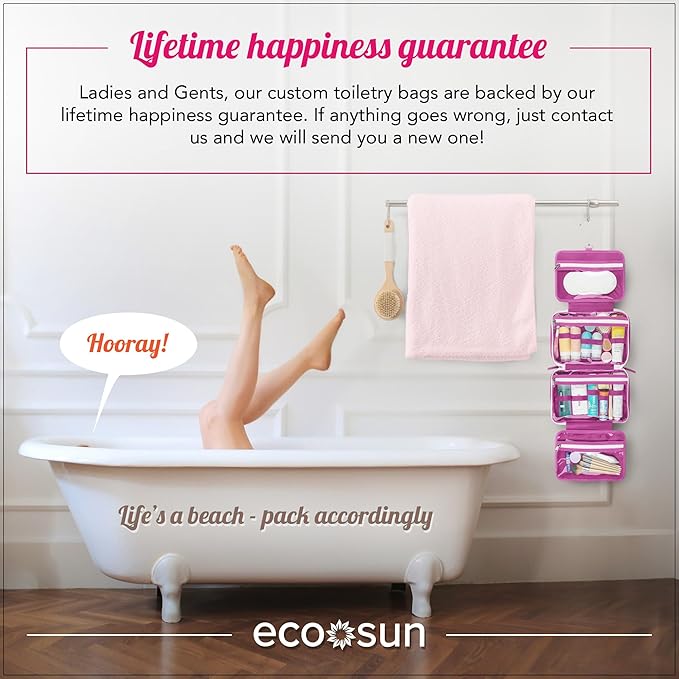 Eco Sun Hanging Travel Toiletry Bag — Designed in Hawaii — Water-resistant Travel Organizer for Bathroom Accessories (Magenta)