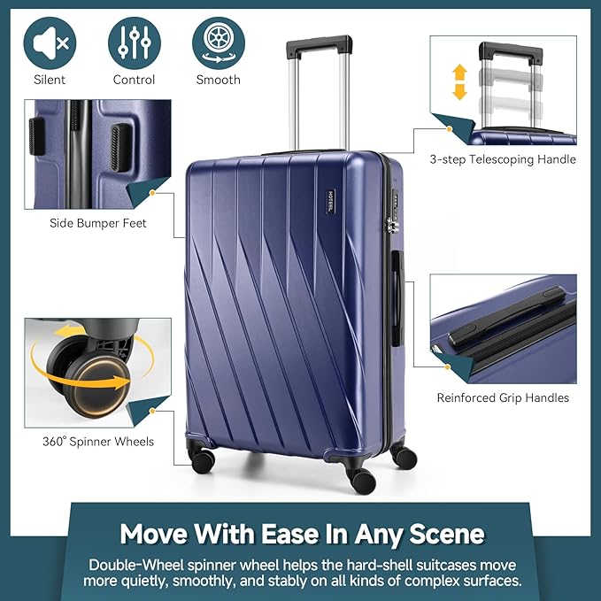 Hoteel Luggage Sets 3 Piece PC Hardside, 4-Year Warranty, Luggage Set with Spinner Wheels, TSA Lock, YKK Zipper, Lightweight Carry on Luggage, 20" Suitcase with Fitness Duffel & Organizer, Blue