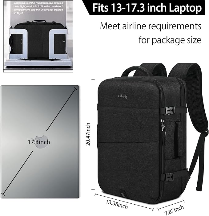 Lubardy Travel Backpack for Men Women 17 Inch Flight Approved Carry on Backpack Waterproof Large 40L Luggage Daypack Business College Weekender Overnight Laptop Backpack with 3 Packing Cubes, Black