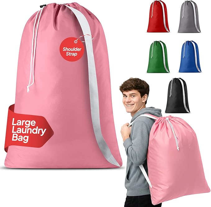 Handy Laundry Bag Shoulder Strap Extra Large - Drawstring Locking Closure, Durable Material, Heavy Duty Stitching, Hands Free Carrying - Perfect College Dorm (Pink, 30" x 40")
