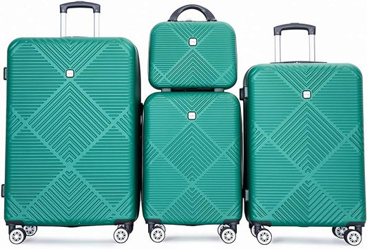 Luggage 4 Piece Set, Hardshell ABS Suitcase Set with Double Spinner Wheels, Lightweight Durable Luggage set, Carry On and Checked Travel Large Luggage, Dark Green