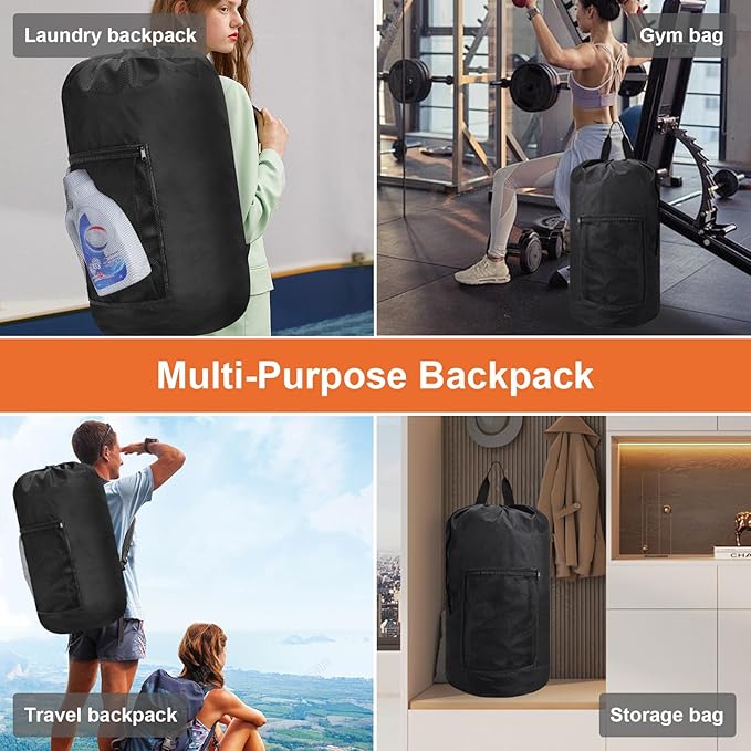 Laundry Bag Backpack Durable Laundry Bag with Shoulder Straps and Mesh Pockets Portable Laundry Dirty Clothes Hamper Bag for College Dorm (Black)