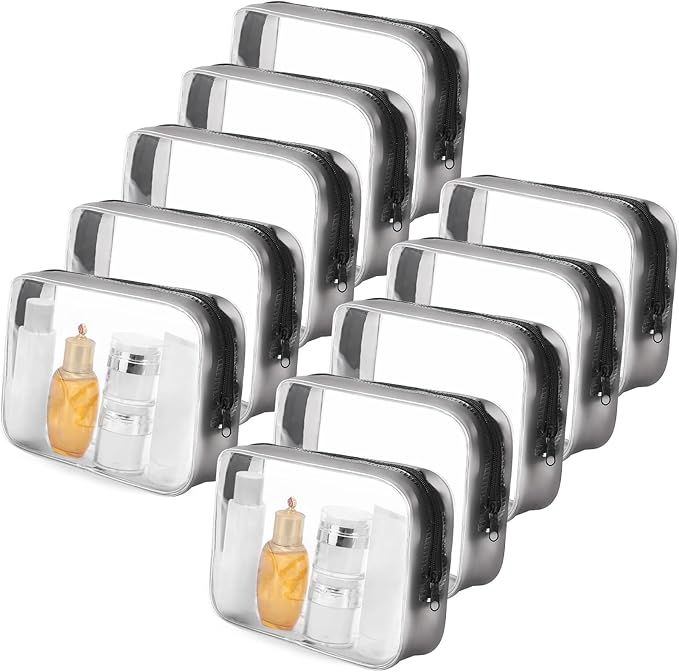 Tbestmax 10 Pcs Clear Cosmetic Bags Makeup Bags Portable Waterproof Travel Toiletry Bags Medium Organizer Matte Black, 7.5"x 4.8"x 2.3"