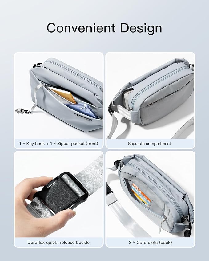 Inateck Sling Bag X, Multi-pocket Crossbody Shoulder Chest Bag with Adjustable Shoulder Strap, Water-resistant Waist Fanny Pack for Men, Women, Travel, Daily Use, Cycling, Hiking, Gray Blue, Small