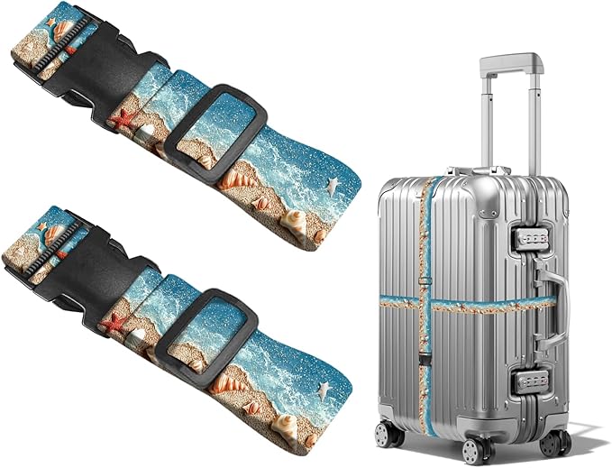 Nuxovilar Luggage Straps of 2 Set Beach Shells Starfish Pattern, 1.96x90.5 inches - Luggage Straps for Suitcases, Perfect for Beach Trips, Summer Travel, Vacations