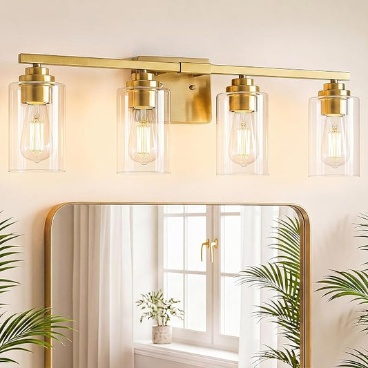 4-Light Bathroom Light Fixtures, 27" Modern Vanity Lights Over Mirror with Clear Glass Shades, Brushed Gold Vanity Lights, Classic Wall Lamp for Mirror Living Room Cabinet Bedroom Porch Kitchen | Modern Vanity Lights Over Mirror with Clear Glass Shades...