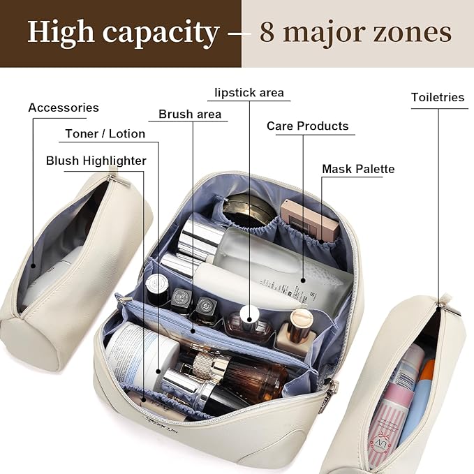 BOYATU Travel Makeup Bag Cosmetic Bags for Women: 3 Pcs Set Large Capacity Make up Bag with Handle - Waterproof Vegan Leather Toiletry Bags Travel Essentials with Compartments(C-3-White)
