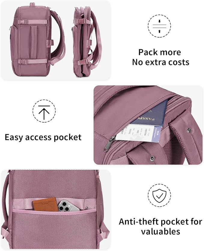ECOHUB Travel Backpack for Women, 18x14x8 Spirit Airlines Personal Item Bag with Clear Toiletry Bag, Laptop Carry on Backpack with USB Port, Airline Approved Under Seat 14 Pockets 30L, Pink
