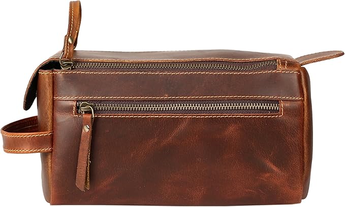 KomalC Premium Buffalo Leather Toiletry Bag for Men & Women With Water resistant Lining, Grooming Travel Pouch, Unisex Wash Bag for Toiletries, Gifts for Men and Women