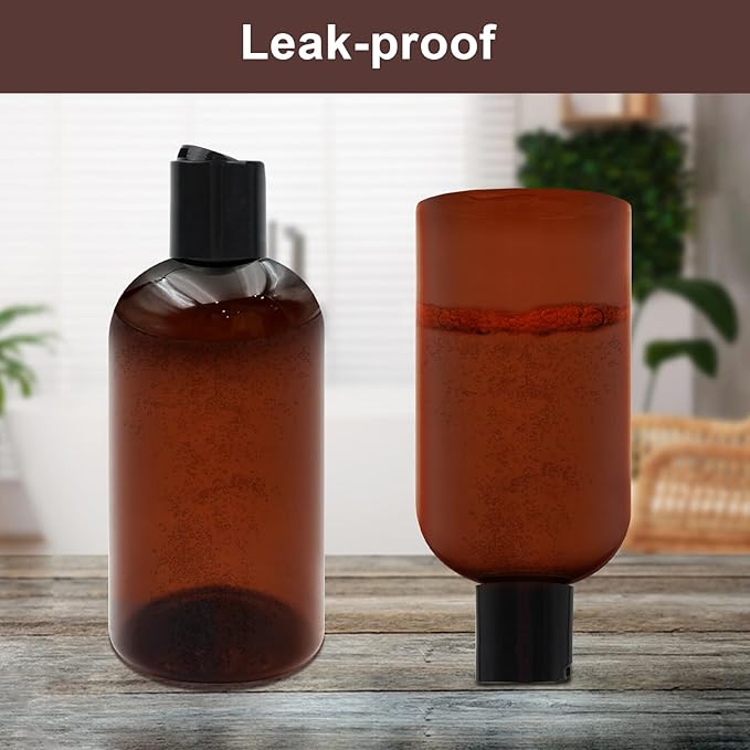 2 Pack 8 oz Amber Plastic Shampoo Bottles with Black Disc Caps Refillable Leak-Proof Travel Squeeze Containers for Conditioner Toiletries Liquid Soap Lotion Essential Oils