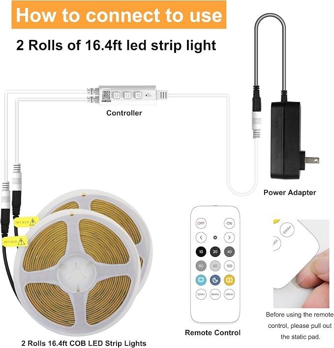AXMOTUT 32.8ft White COB LED Strip Light with RF Romote and Power Supply | 3200 LEDs, RF Remote & UL Power Supply, 6000K Dimmable,Bedroom Kitchen Wardrobe DIY Home Decoration, 2 Rolls of 16.4ft