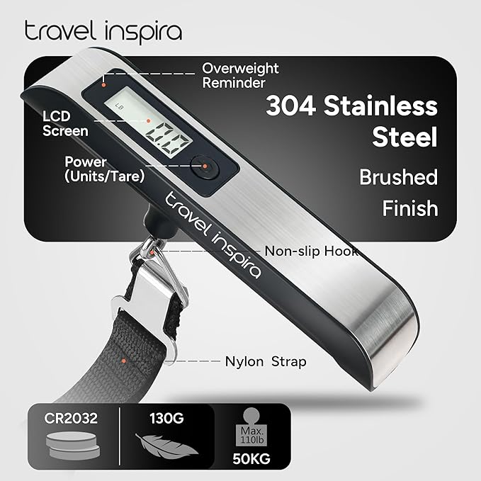 travel inspira Luggage Scale, Portable Digital Hanging Baggage Scale for Travel, Suitcase Weight Scale with Rubber Paint, 110 Pounds, Battery Included