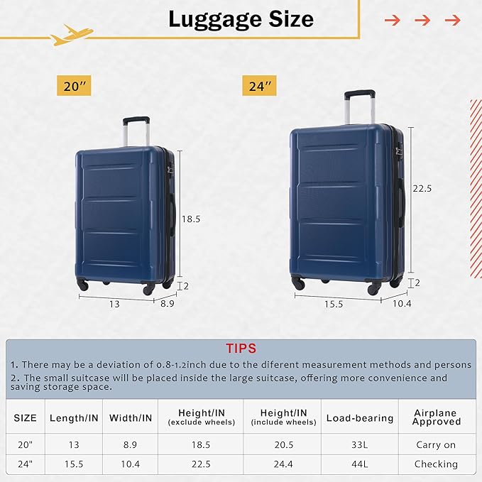 Merax Luggage Sets 2 Piece Suitcase Set, Hardshell 20 IN & 24 IN Suitcase Set with Duffel Bag, Travel Suitcases with Spinner Wheels and TSA Lock(Blue)