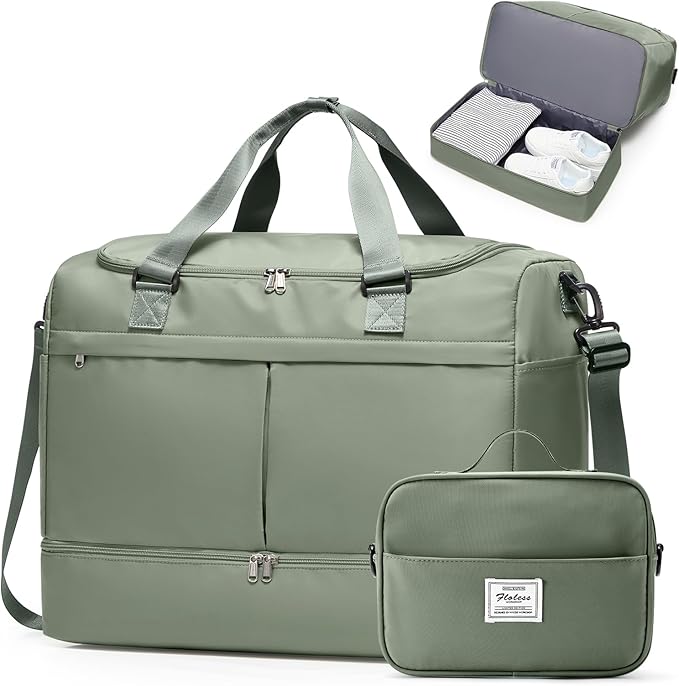 Large Travel Duffel Bag, Weekender Bag for Women with Shoe Compartment & Toiletry Bag, Overnight Carry on Bag for Travel, Gym, Hospital, Business,Green