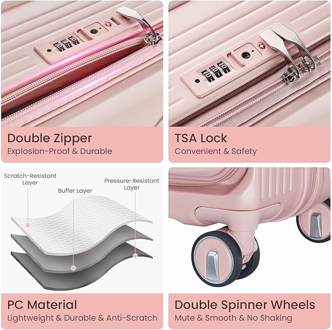 3 Piece Luggage Set 100% PC Hardshell, Front Opening Expandable Suitcase (20/24/28) with Laptop Compartment & Free Custom PVC Covers, Trunk Style Lightweight Spinner Wheels TSA Lock (Pink)