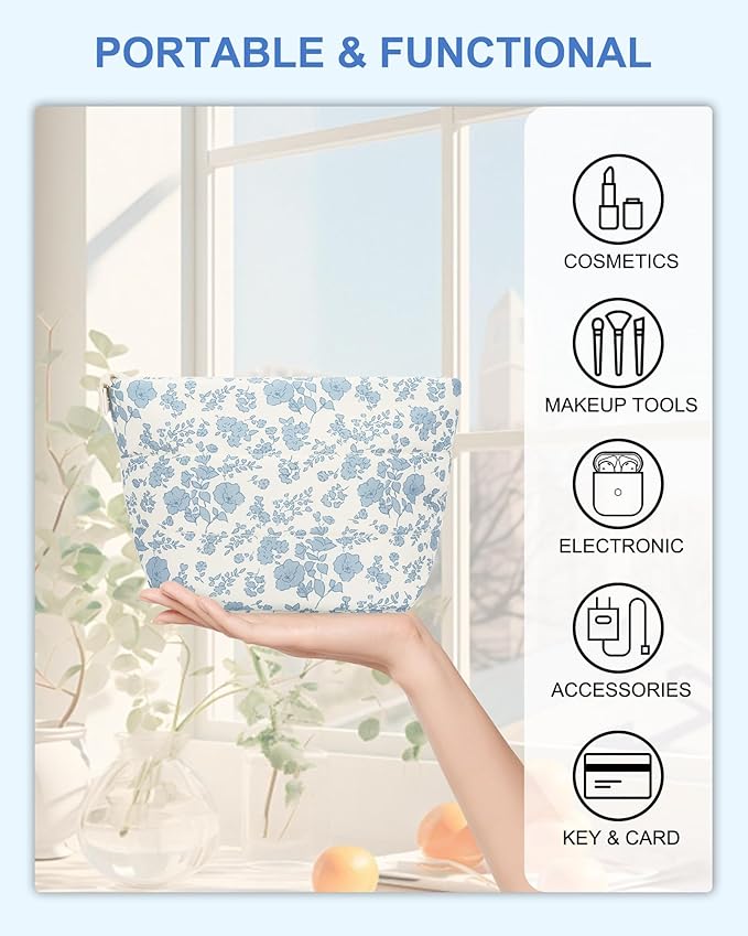 Relavel Floral Makeup Bag, Mini Cosmetic Pouch for Women, Portable Traveling Car Bag for Essentials with Compartments, Cute Toiletry Bag Organizer - Blue Flower