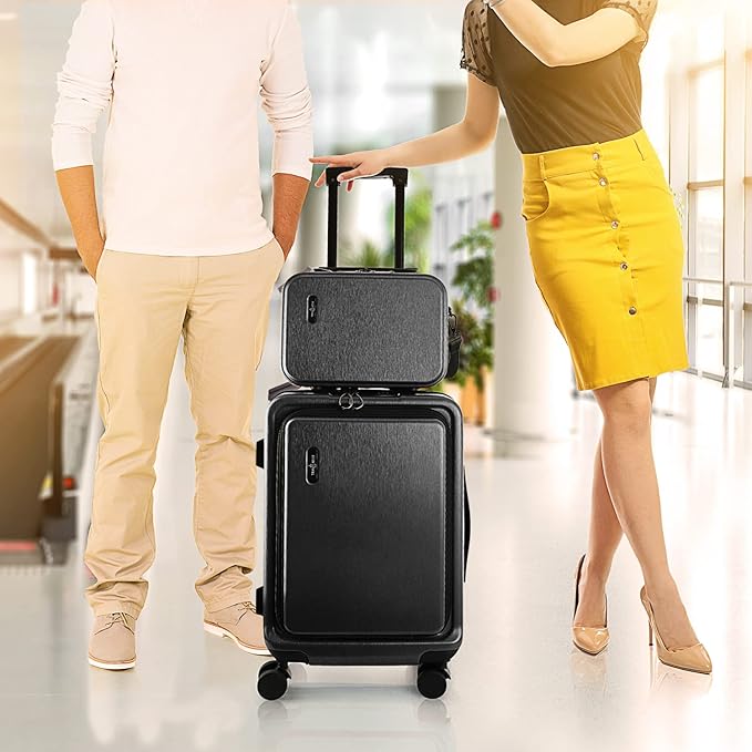 22 Inch Carry On Luggage, Carry On Suitcase with Wheels, Hardside Luggage Carry-On, Expandable Black Small Suitcase, Hard Shell Carry-on Luggage, Spinner Luggage with Cosmetic Bag