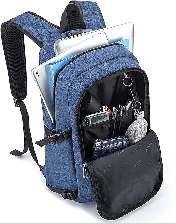 Tzowla Travel Laptop Backpack Water Resistant Anti-Theft Bag with Giant Tumbler Holder Pocket and Lock 15.6 Inch Computer Business Backpacks for Women Men Work College Gift,Casual Daypack(Blue)