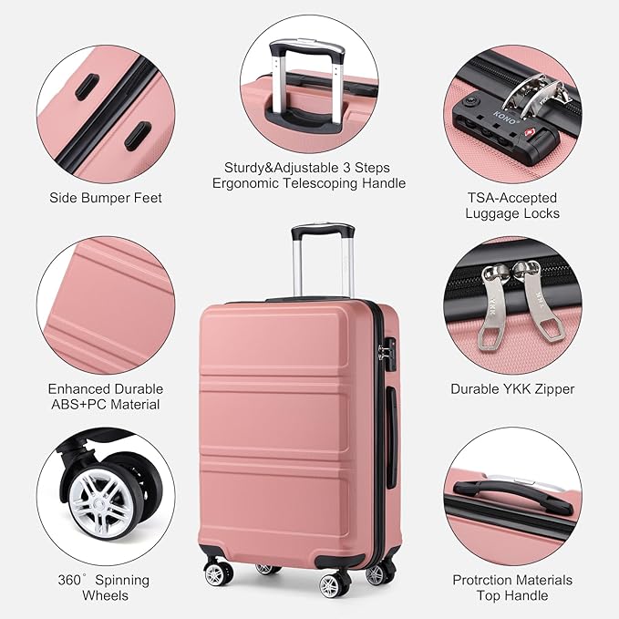 Kono Suitcase Luggage Set Expandable(only 28") Lightweight PC+ABS Carry On Hardside Luggage with TSA Lock Spinner Wheels (Nude/Rose Pink, 6 piece set)