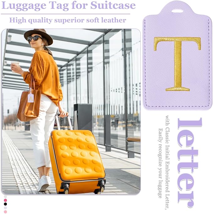 Personalized Initial Luggage Tags for Suitcases,Leather Letter Cute Luggage Tags with Privacy Name Card,Embroidered Monogrammed Travel Bag Backpack Tag Gifts for Women Kids Girls Teens(Purple-T)