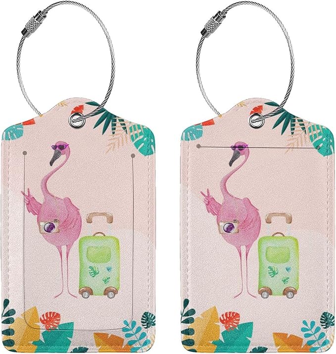Flamingo 2 Pcs Luggage Tags, Privacy Cover Id Label with Stainless Steel Loop and Address Card for Suitcases & Travel Bags