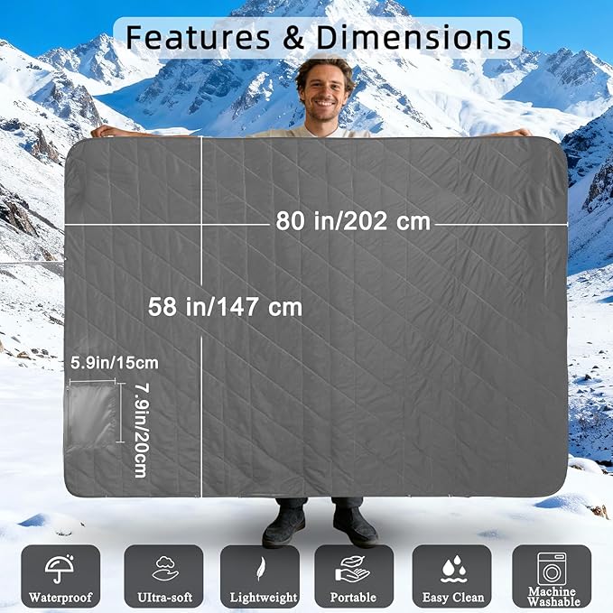 Large Waterproof Outdoor Camping Blanket, 80 x 58 inch Fleece Picnic Blankets Windproof Travel Stadium Blanket for Beaches Pets Car Camp Picnic Mat for Both Cold & Warm Weather