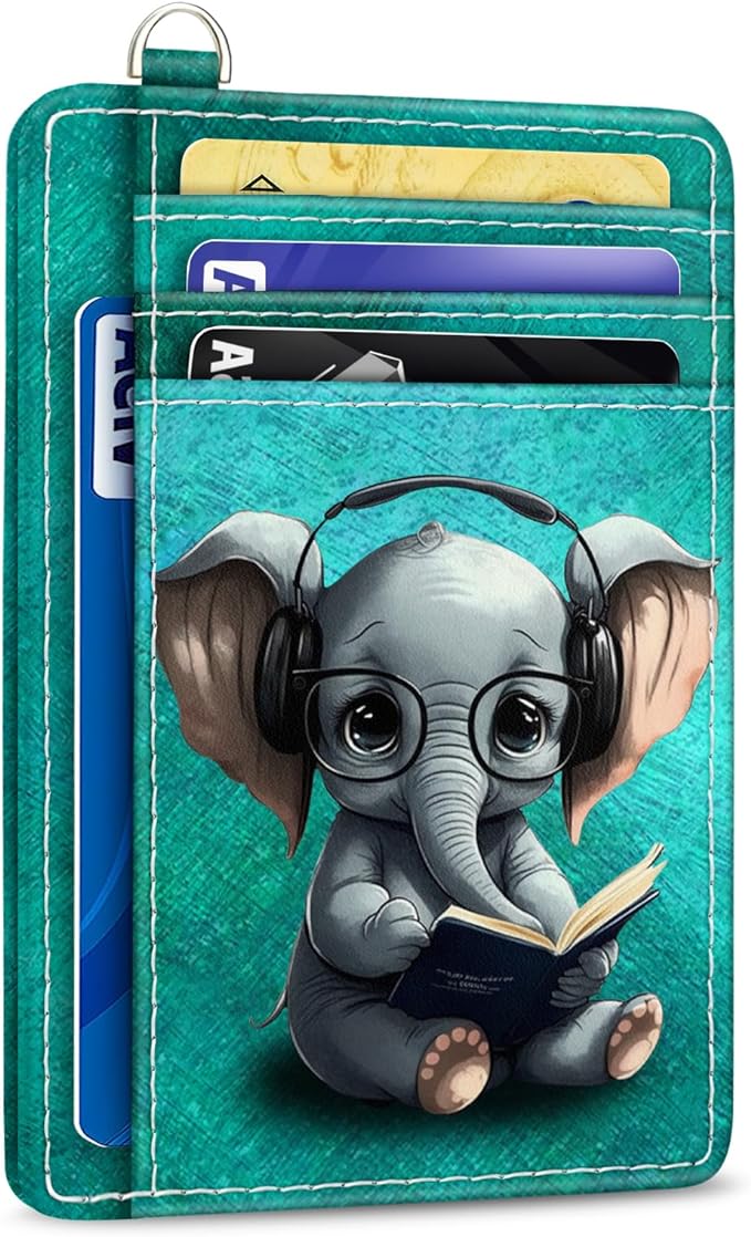 Yonlevres Credit Card Holder Slim Wallet, Elephant RFID Wallet Women Front Pocket Small Card Holder, Travel Cute Funny Thin Card Case ID Window PU Leather RFID Blocking Card Organizer Gift Girl Ladies
