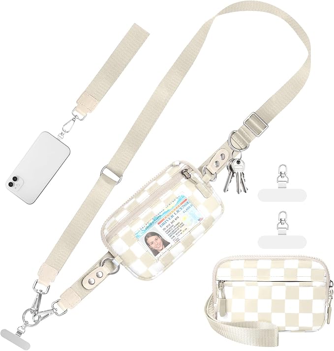 Tiostep Clip and Go Strap for Phone with Wallet Crossbody Phone Lanyard and Detachable Checkered Bag with ID Window and RFID Pouch for Daily Travel.