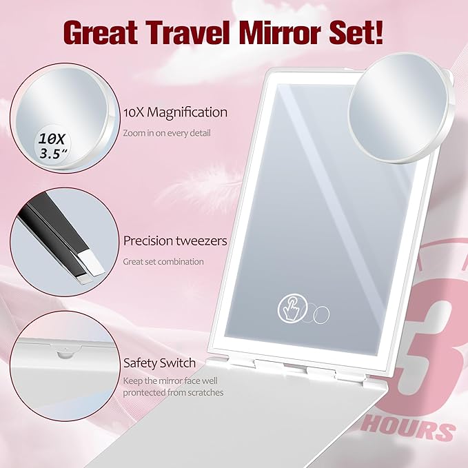 Travel Makeup Mirror with Lights Valentines Day Gifts for Her, Girlfriend, Wife, Birthday Gifts Rechargeable Portable Folding Compact LED Mirror Set with Tweezer 3 Color Light Modes