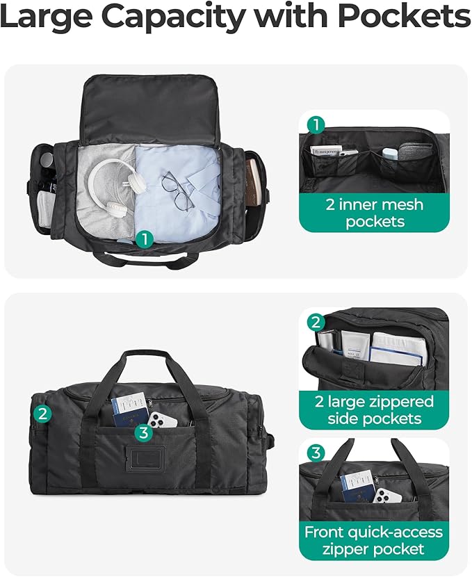 BAGSAMRT 60L Foldable Duffle Bag for Travel, Large Travel Duffel Bag for Men, 4 in 1 Travel Backpack, Carry on Weekender Bag, Black