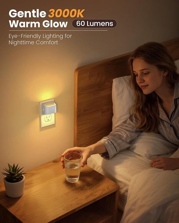 Plug in Night Light, Auto Brightness Sensor Night Light, 3000K Warm White, Ultra-Slim Wall Light for Hallway Bathroom Bedroom Stairs, White, 6 Pack