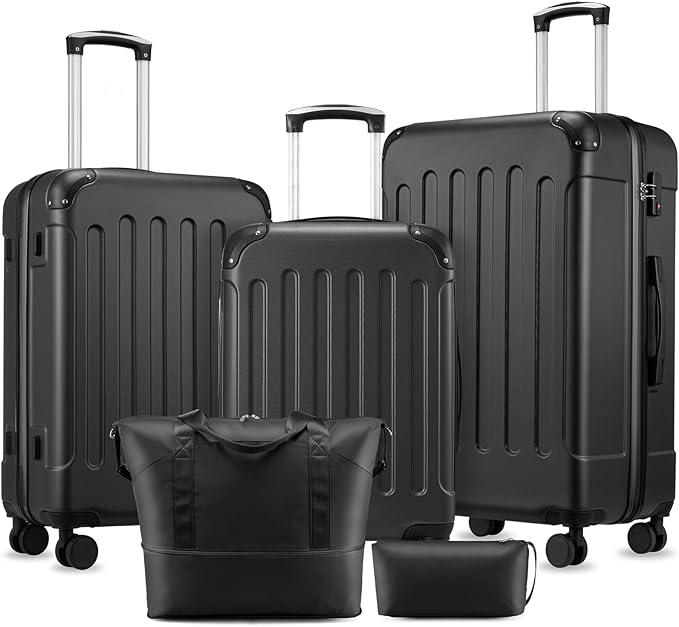 Luggage Sets 5 Piece, Hardside Suitcase with Wheels, TSA Approved, Black