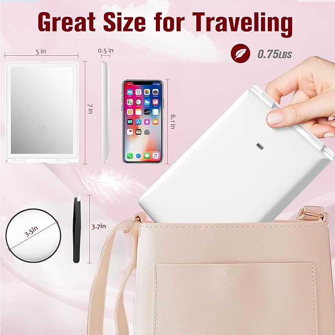 Travel Makeup Mirror with Lights Valentines Day Gifts for Her, Girlfriend, Wife, Birthday Gifts Rechargeable Portable Folding Compact LED Mirror Set with Tweezer 3 Color Light Modes