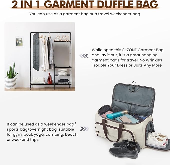 S-ZONE Carry On Garment Bag for Travel Convertible Duffle Bags for Men Women 2 in 1 Hanging Suitcase Business with Toiletry Bag
