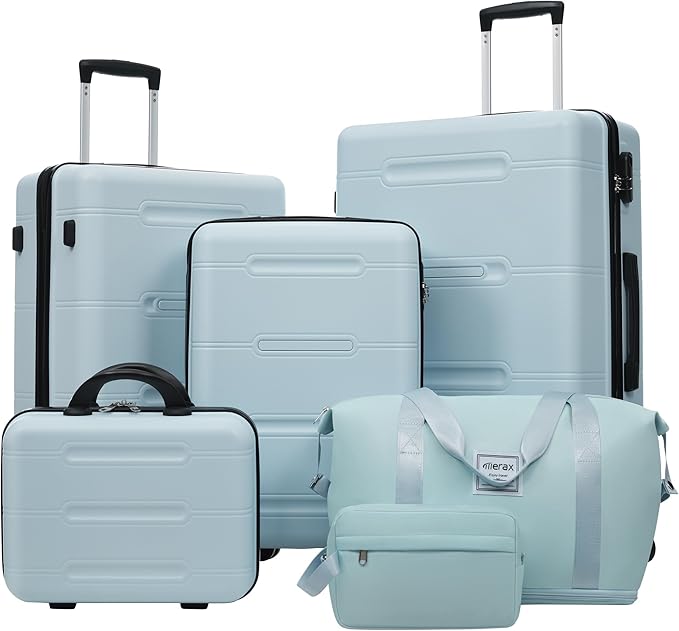 Merax Luggage Set 6 Piece,Lightweight Hardshell Suitcase with Double Spinner Wheels Handle Password Lock,14 IN Cosmetic Case 20/24/28 IN Luggages with Duffel Bag and Toiletry Bag,Light Blue