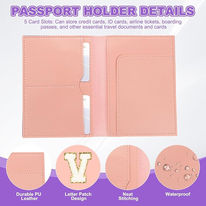 PATIKIL Passport Holder for Travel, Initial Passport Cover and Luggage Tag Set with Alphabet Chenille Letter Patch Travel Wallet Bag Suitcase Identifier for Women Family Travel Pink V