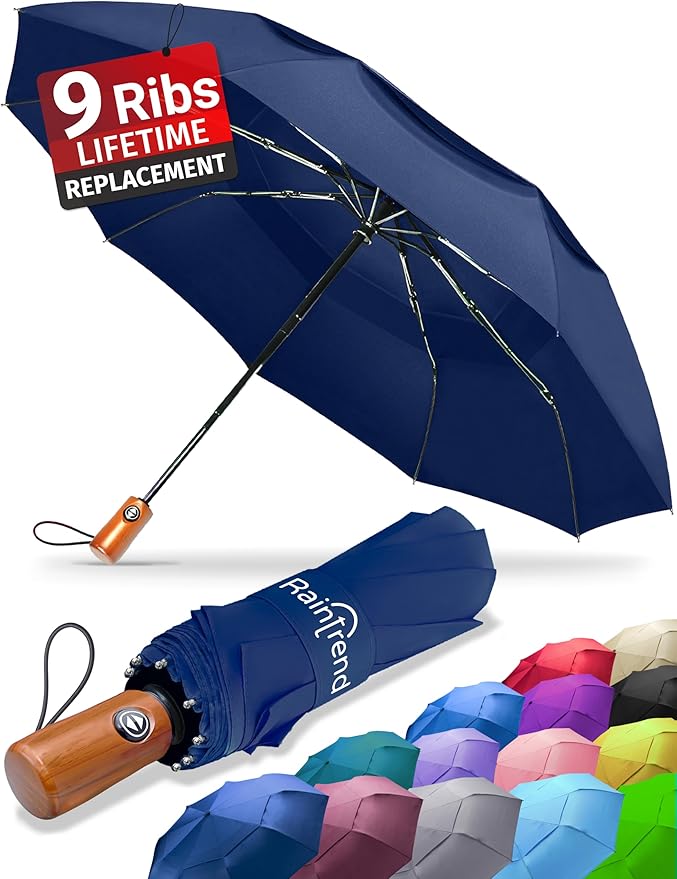 Raintrend Windproof Travel Umbrellas for Rain Automatic +10% Bigger Canopy Strong Frame Compact Folding Portable Umbrella for Women Men Backpack Purse