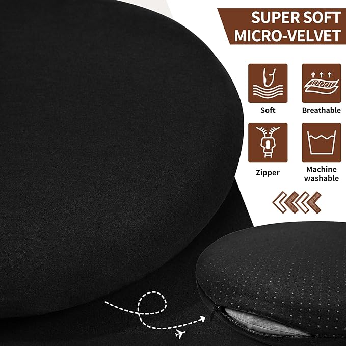 BUYUE Memory Foam Seat Cushion, Dia 13" Soft Velvet Round Stool Cushion Anti-Slip Chair Pads, S, Black