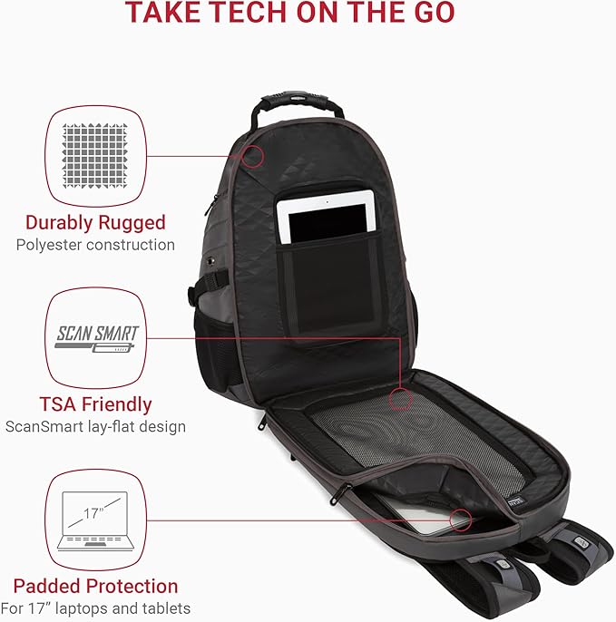 SWISSGEAR 1900 ScanSmart TSA Laptop Backpack Fits 17 Inch Laptop with RFID Protection and Tablet Pocket, Sting Grey Ballistic, 19-Inch